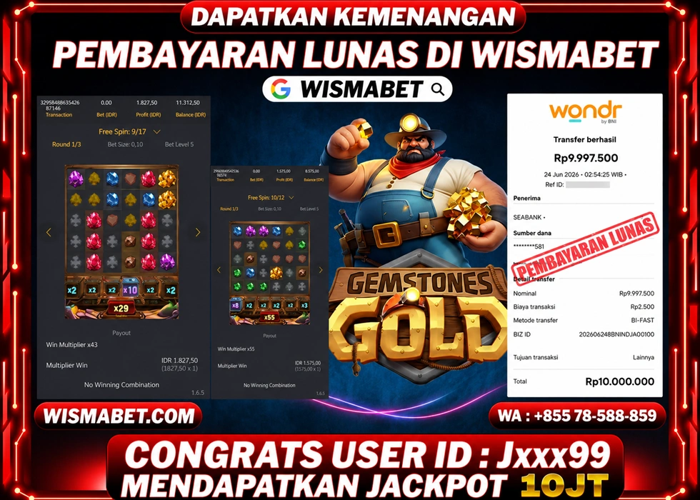 WISMABET - BUKTI KEMENANGAN Gemstones Gold Rp10,000,000,- LUNAS